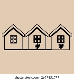 Simple, hand-drawn illustration of three identical houses in a row, with a shield symbol on two of the windows.
