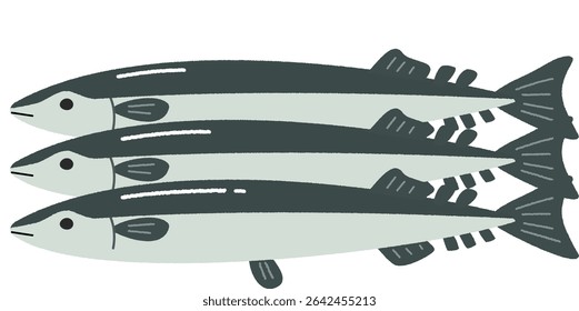 Ilustração desenhada à mão simples de três peixes saurudos do Pacífico
