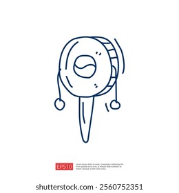 A simple, hand-drawn illustration of a toy top, featuring a circular body with a central hole and two small bells attached. This design emphasizes playfulness and childhood.