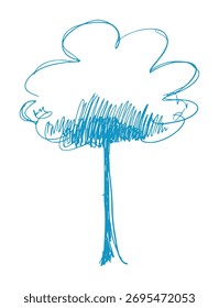 Una ilustración simple, dibujada a mano de un árbol con un contorno azul y follaje garabateado sobre un fondo blanco.