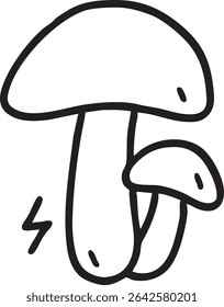 A simple, hand-drawn illustration of two mushrooms, one larger than the other, with a lightning bolt beside the larger mushroom.