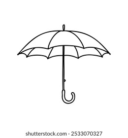 Simples ilustração desenhada à mão de um guarda-chuva. Arte em linha em preto-e-branco perfeita para projetos com temática climática, conceitos de proteção contra chuva ou projetos minimalistas. Ideal para usos sazonais e clássicos