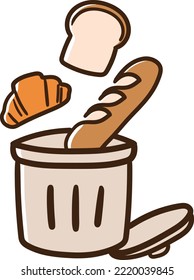 A simple hand-drawn illustration of various types of bread thrown in the trash can that can be used for food problems, SDGs, global problems, etc.