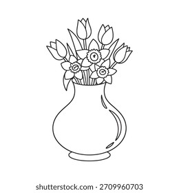 Uma ilustração simples, desenhada à mão de um vaso contendo um buquê de tulipas e narcisos, apresentado em um estilo de arte de linha preto e branco.