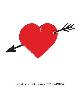 Simple ilustración a mano del corazón rojo vector con flecha para el día de San Valentín. Símbolo de amor y pasión, decoración romántica para bodas o tarjetas de felicitación. Elemento de diseño de esbozo de Doodle, aislado