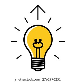 A simple hand-drawn illustration of a yellow light bulb with an upward arrow above it, representing a bright idea, innovation, growth, or inspiration.