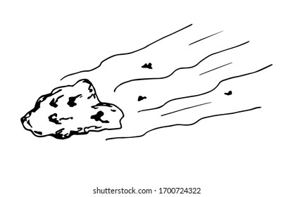 Simple hand-drawn ink vector sketch. Asteroid flying at speed, meteorite. Cosmic phenomenon, danger, threat, planet.