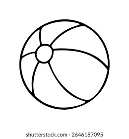 A simple, hand-drawn line art illustration shows an isolated beach ball. It is a vector doodle icon, suitable for vacation or coloring page projects