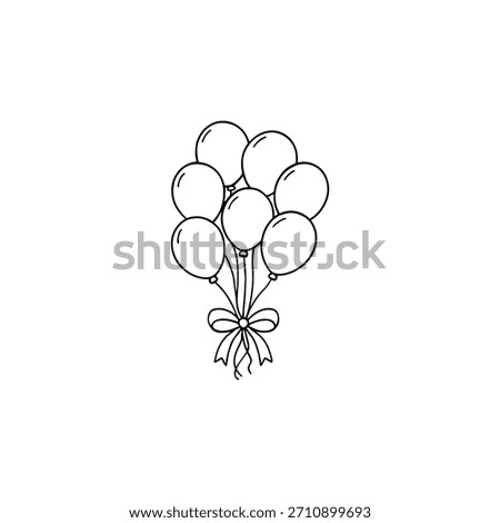 A simple, hand-drawn line art illustration of a bunch of balloons tied with a bow, perfect for celebrations.