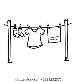 A simple hand-drawn line art sketch featuring socks a t-shirt and a towel clipped to a clothesline between two poles