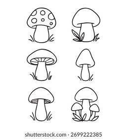 Einfache handgezeichnete Pilzkollektion im Line Art Stil. Süße Waldpilze mit Rasendetails. Minimales botanisches Illustrationssatz für Aufkleber, Malvorlagen und dekoratives Design.
