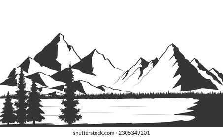 Simple hand-drawn northern landscape, hills with conifers, mountain lake, river. Vector drawing with black outline. Ink sketch. Wildlife. Tourism and travel. For prints, postcards, posters.