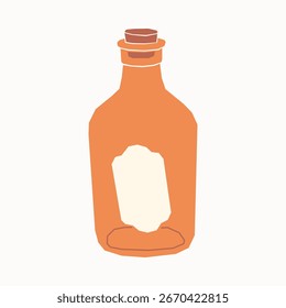 Envase de botella naranja dibujado a mano simple con etiqueta e ilustración de tapón de corcho