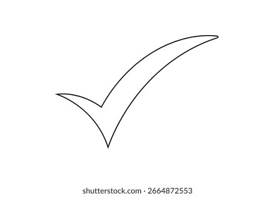 Un contorno simple, dibujado a mano de una marca de verificación en negro sobre un fondo blanco. La marca es limpia y moderna, transmitiendo una sensación de finalización o Aprobación.