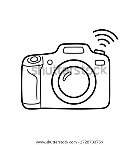 A simple, hand-drawn outline of a digital camera with a wireless signal emanating from the top.
