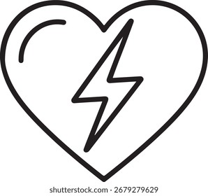 A simple, hand-drawn outline of a heart with a lightning bolt symbol inside, representing energy or a strong emotion.