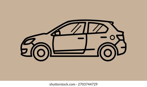 Una ilustración de contorno simple, dibujado a mano de un coche compacto hatchback, presentado en un estilo minimalista, doodle sobre un fondo neutro.
