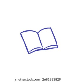 Simple, hand-drawn outline of an open book in a muted purple-blue color