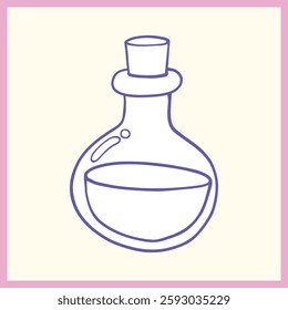 Simple hand-drawn outline of a round potion bottle with liquid inside, featuring a cork stopper and a pastel pink border, Vector Illustration