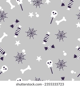 Simple handdrawn pattern on grey background with candies, web, bones and skull. Vector square design in quite colors. 