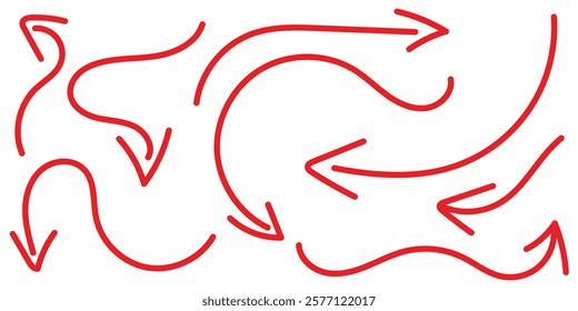 Simple hand-drawn red arrow set vector collection. Collection of line arrows.