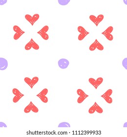 Simple handdrawn seamless pattern with pink heard and purple dots. For wallpapers, web background, textile, wrapping, fabric, kids design.