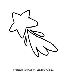 Simple hand-drawn shooting star with dynamic tail in black lines. Ideal for magical, celestial, holiday, or decorative designs and illustrations. 