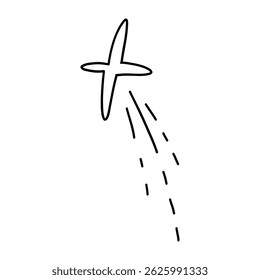 Simple hand-drawn shooting star with dynamic tail in black lines. Ideal for magical, celestial, holiday, or decorative designs and illustrations. 
