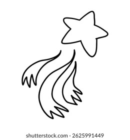 Simple hand-drawn shooting star with dynamic tail in black lines. Ideal for magical, celestial, holiday, or decorative designs and illustrations. 