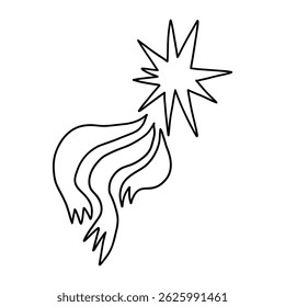 Simple hand-drawn shooting star with dynamic tail in black lines. Ideal for magical, celestial, holiday, or decorative designs and illustrations. 