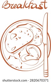 A simple, hand-drawn sketch of a breakfast plate featuring bread, food items, and a knife in a minimalist brown line art style on a white backgro