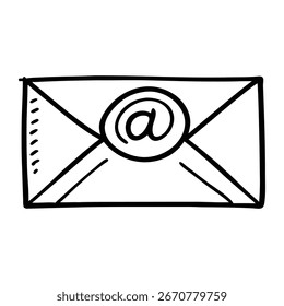 Um esboço simples, desenhado à mão de um envelope com o símbolo at exibido de forma proeminente, isolado em um fundo branco.