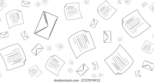 Um esboço simples, desenhado à mão, de envelopes e documentos espalhados sobre um fundo branco. O estilo é minimalista e repetitivo, sugerindo um padrão ou textura.