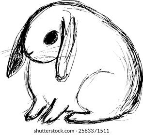 A simple, hand-drawn sketch of a rabbit sitting down. The rabbit has long ears, a round body, and a cute expression. The lines are rough and artistic, giving it a whimsical feel.