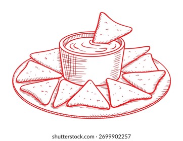 Um esboço simples, desenhado à mão em contorno vermelho, mostra lascas de tortilla dispostas em uma placa em torno de uma tigela de mergulho, com um chip sendo mergulhado.