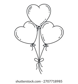 Un boceto simple, dibujado a mano de tres globos en forma de corazón atados con una cinta.