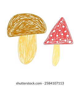 Simple hand-drawn sketch of two mushrooms, one brown and one red with white spots, on a white background. A set of forest mushrooms.