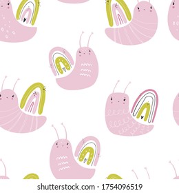 Simple hand-drawn snails seamless repeating childish color pattern in cute Scandinavian style on a white background. Children's pattern with snails. Snail print. Cute baby animals. Vector