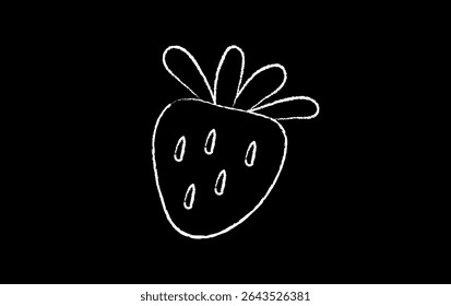 Icono de fresa dibujado a mano simple sobre un fondo negro. Símbolo de contorno de fruta de tiza blanca. Mínimo elemento doodle de crayón.