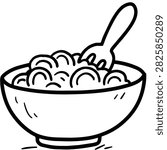 A simple hand-drawn style coloring page graphic featuring a round bowl filled with coiled pasta noodles and a fork resting inside.