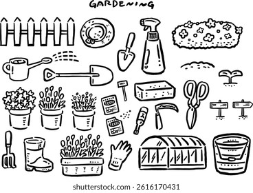 Simple hand-drawn style gardening line art illustration set