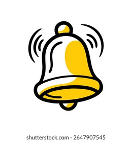 Uma ilustração de estilo simples e desenhada à mão de um sino. O sino é colorido amarelo e contornado em preto, com ondas sonoras negras emanando dele em um fundo branco.
