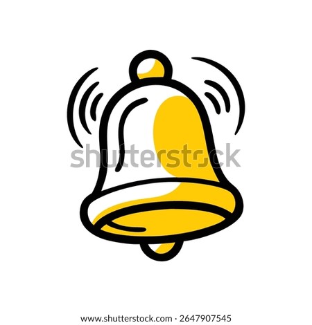 A simple, hand-drawn style illustration of a bell. The bell is colored yellow and outlined in black, with black sound waves emanating from it on a white background.