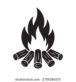 Una ilustración de estilo simple, dibujado a mano de una fogata con llamas que se elevan sobre troncos apilados sobre un fondo blanco.