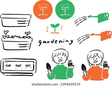 Einfache, handgezeichnete Illustration mit Gartenarbeit
