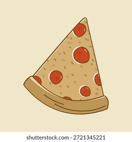 Uma ilustração de estilo desenhado à mão simples de uma única fatia de Pepperoni Pizza com coberturas saborosas e crosta dourada, isolada em um fundo bege para marca de alimentos e design culinário
