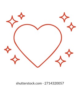 A simple, hand-drawn style red outline of a heart surrounded by several small, four-pointed star shapes representing sparkles or shine. The image is isolated on a pure white background, emphasizing th