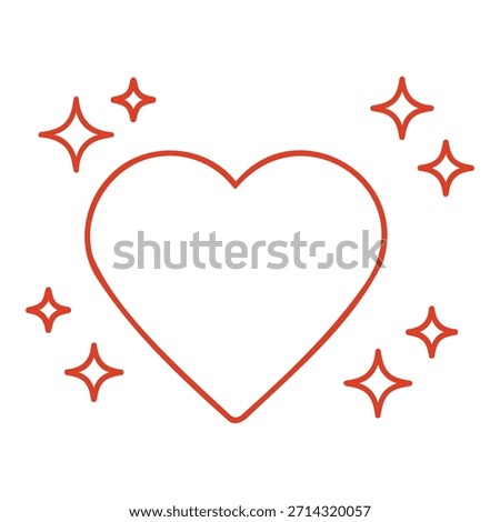 A simple, hand-drawn style red outline of a heart surrounded by several small, four-pointed star shapes representing sparkles or shine. The image is isolated on a pure white background, emphasizing th