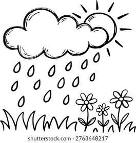 A simple hand-drawn a sun peeking from behind a rain cloud, with raindrops falling onto grass and flowers.