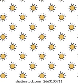Soles simples dibujados a mano en amarillo y negro sobre blanco. Ideal para el embalaje de verano, tela y estampados para niños.